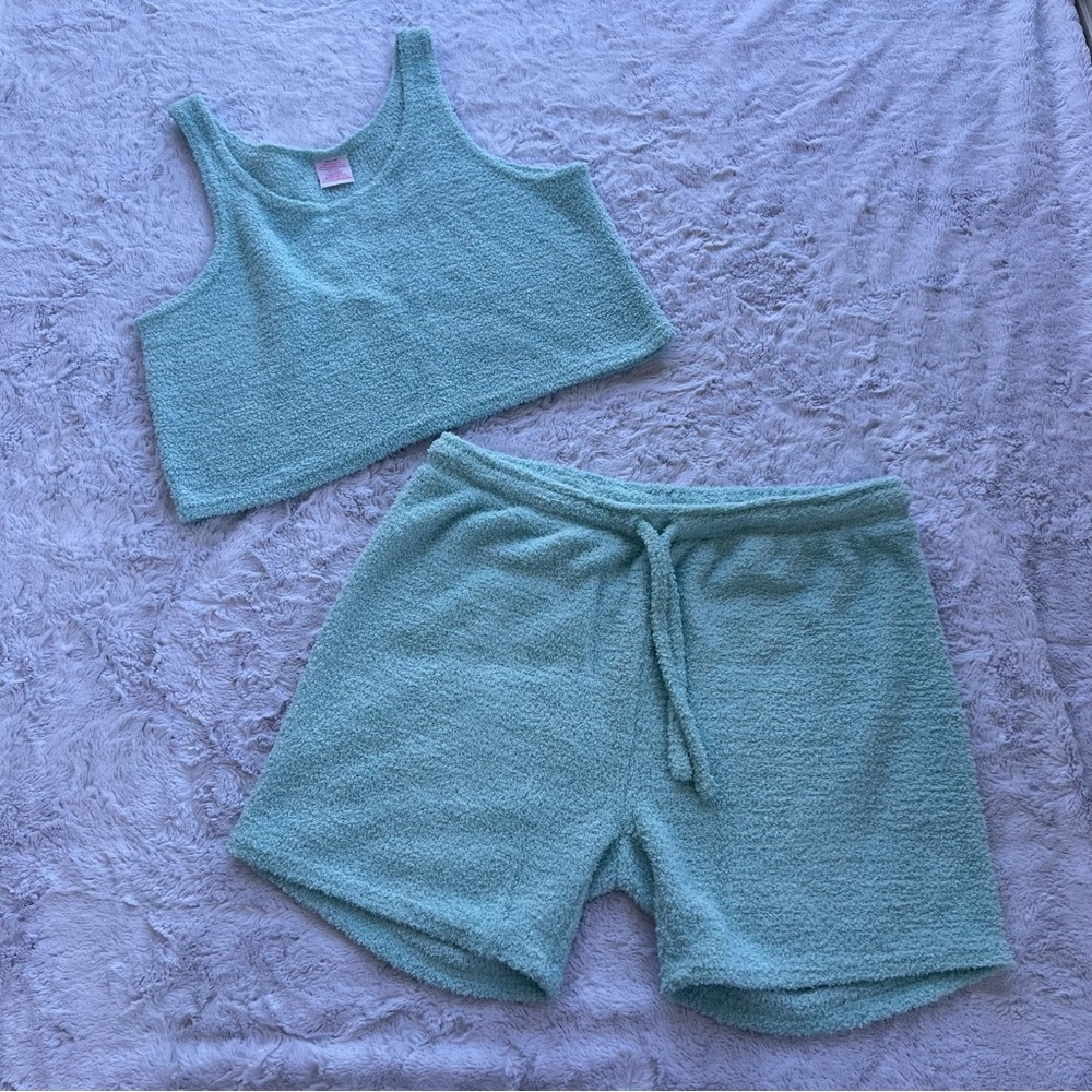Blue Terry Matching Crop Tank & Shorts Sleep Set - Size XL